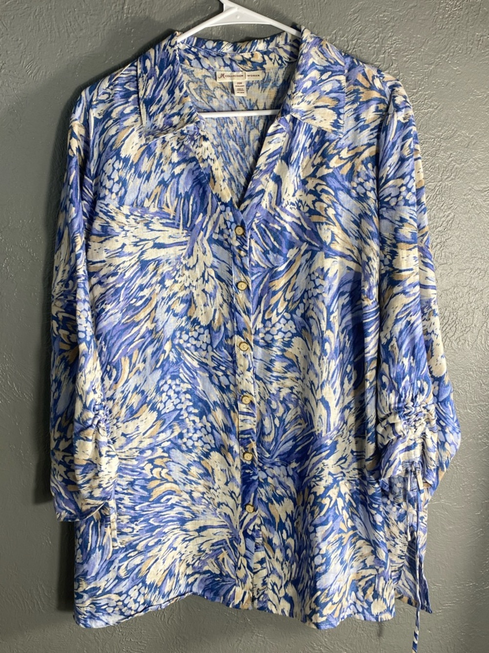 JM Collection Blouse Womens 20W Blue 100% Linen Floral Tunic Button Down